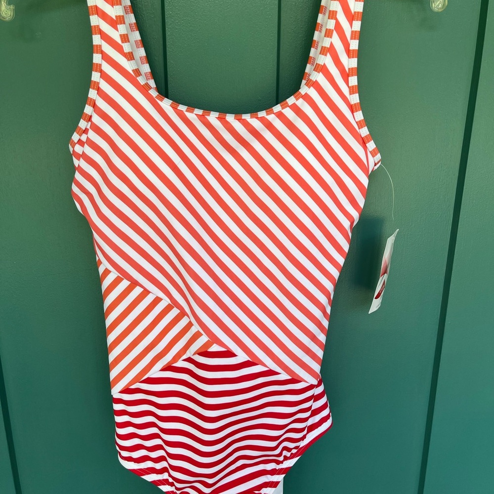 Lands' End Red and White Striped Women’s Swim One Piece